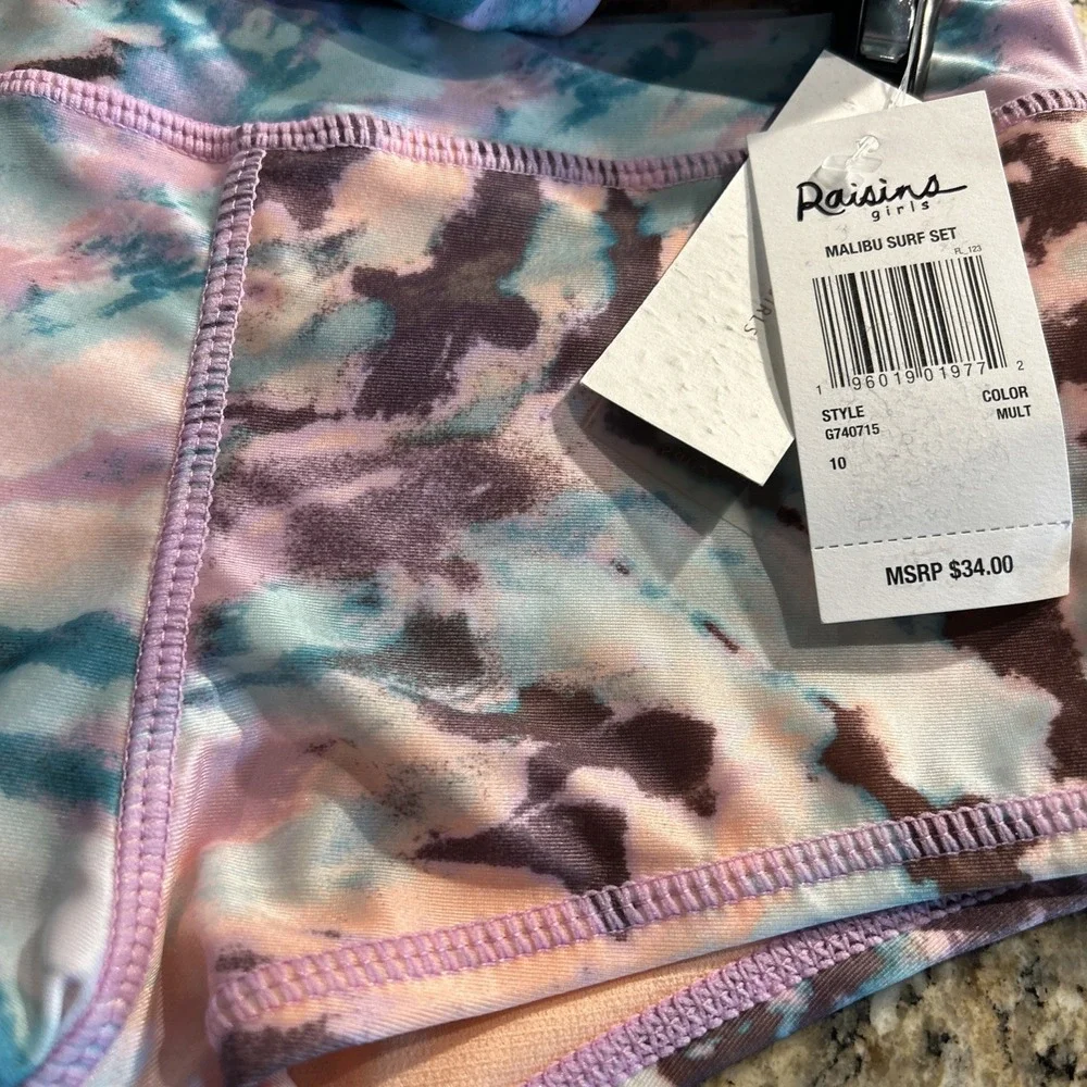 Raisins Girl's 2 Pc MALIBU Bikini Shorts Pink Blue‎ Tie Dye Size 10 Swimsuit $34
